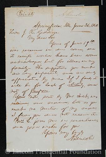 Letter Autographed by Abraham Lincoln to J.R. Giddings